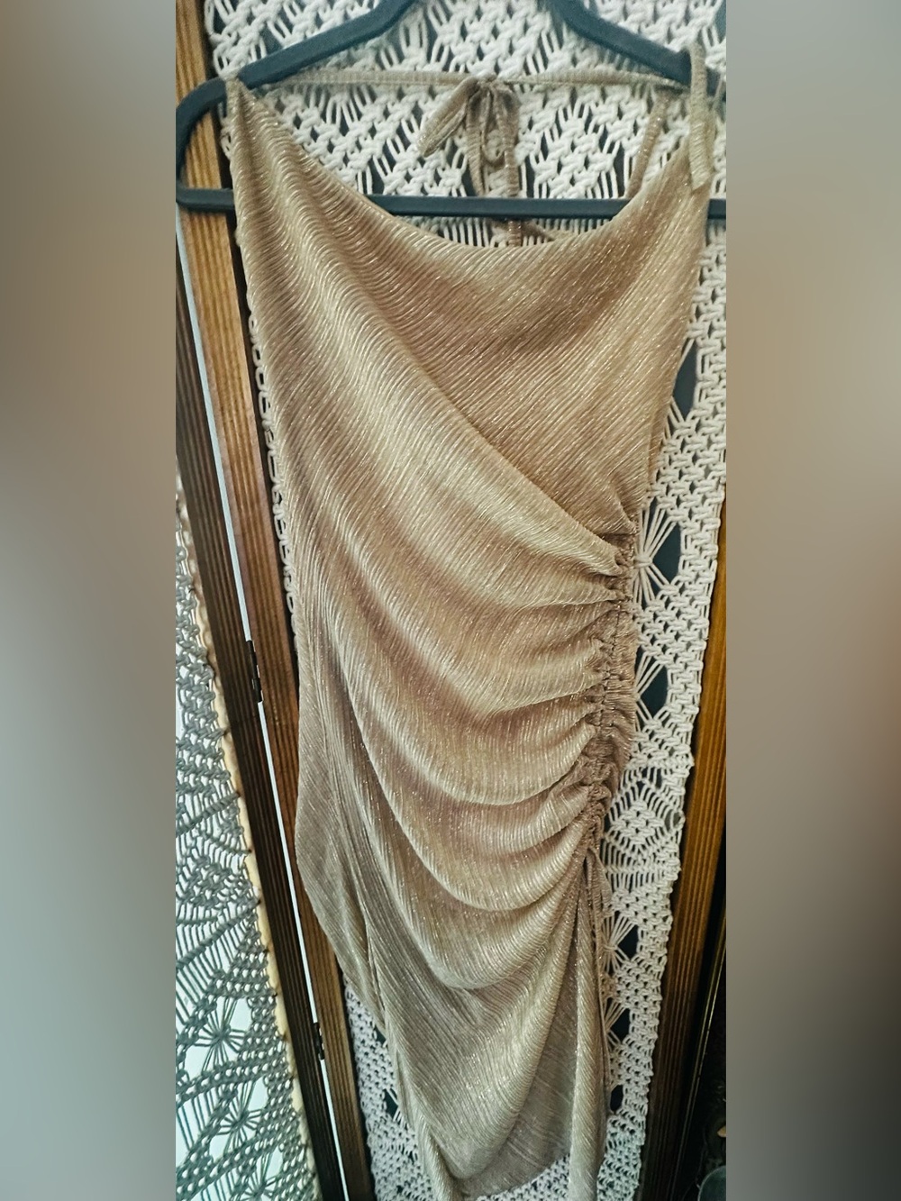 Y2K Champagne Gold Metallic Ruched Halter Cocktail Dress